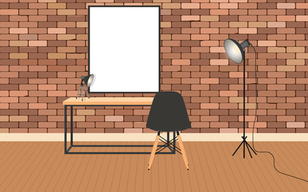 Mockup living room interior in hipster style with frame, table, lamps and brick wall. Vector illustration.のイラスト素材