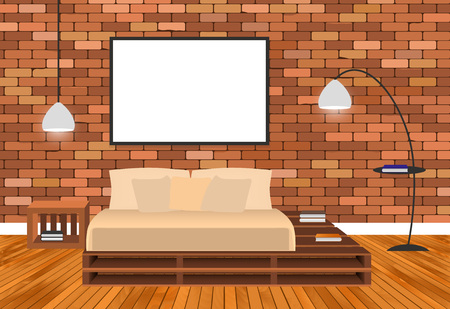 Mockup living room interior in hipster style with empty frame, bed, lamps and brick wall. Vector illustration.のイラスト素材