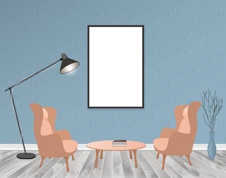 Mockup living room interior in hipster style with empty frame, two armchairs, lamp and table. Loft dwelling design. Vector illustration.のイラスト素材