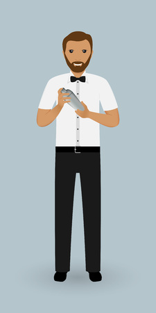 Young barman making a cocktail in shaker. Bartender character isolated on a light background. Restaurant staff. Vector illustration.のイラスト素材