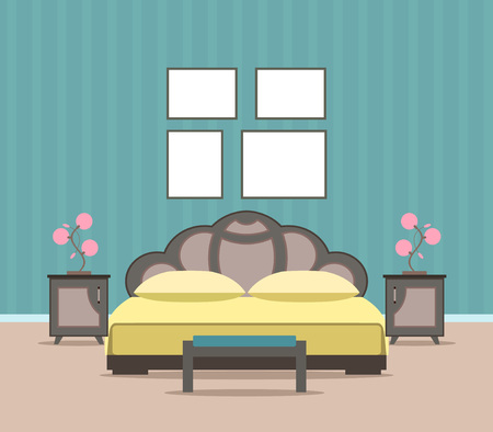 Bedroom living room interior design in flat style including furniture, bed, and mockup empty frames. Flat vector illustration.のイラスト素材