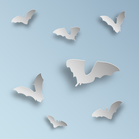 Flock of bats in paper art style on a light blue background. Flying bats silhouettes with shadows. Vector illustration.のイラスト素材