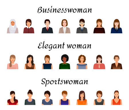 Avatars characters set of different kind women. Business, elegant and sports female icons faces on a white background. Flat style vector illustration.のイラスト素材