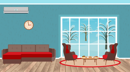 Living room interior design with sofa, armchairs, dessert table, clock, air conditioner and winter landscape outside the window. Flat vector illustration.のイラスト素材