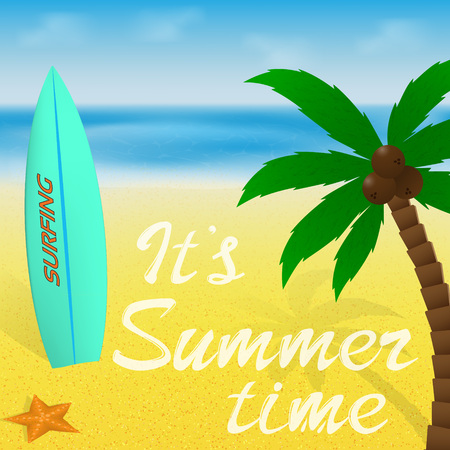 Summer time vacation greeting card or banner with lettering. Palm tree, surfboard and starfish on a warm beach and tropical sea. Vector illustration.のイラスト素材