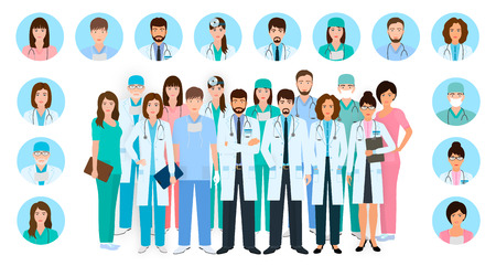 Group of doctors and nurses characters in different poses with vector profile avatars. Medical people design. Hospital staff. Flat style vector illustration.のイラスト素材