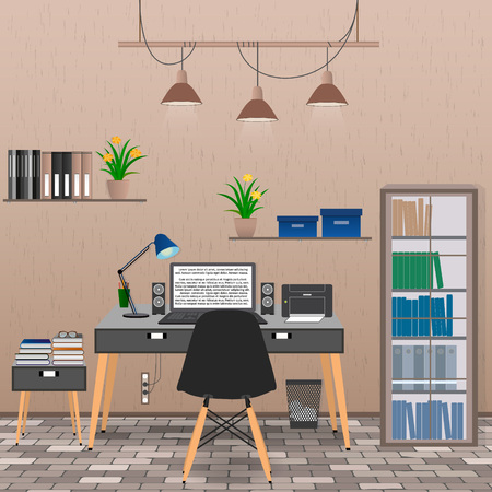 Interior of office room including work space with laptop, printer, lamp, houseplants. Flat style vector illustration.のイラスト素材