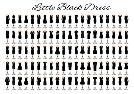 Fashion little black dresses. Set of one hundred cocktail dresses on a mannequins. Big collection of 100 evening gowns. Flat vector illustration.のイラスト素材