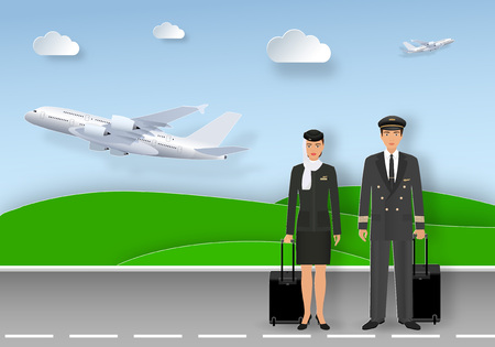 Paper art card with muslim pilot and stewardess in uniform and hijab standing on airport runway. Airlines service occupation characters with fly planes background. Origami style vector illustrationのイラスト素材