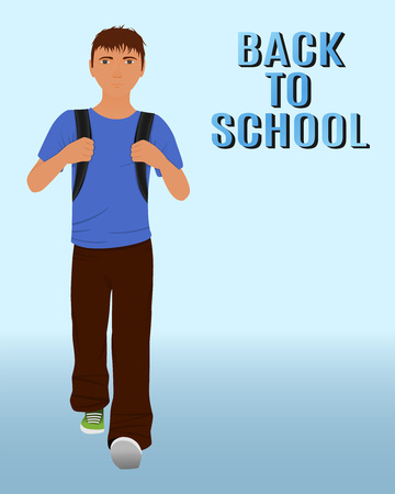 Walking schoolboy with schoolbag behind his back. Back to school greeting card with text. Vector illustration.のイラスト素材