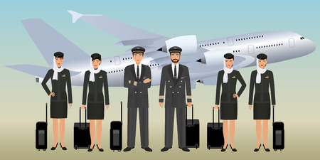 Muslim pilots and stewardesses characters in uniform with bags standing on flying aircraft background. Aviation staff employee concept. Airplane personnel team. Vector illustration.のイラスト素材