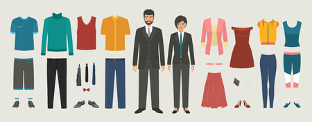 Man and woman characters with business, casual, sport clothing set. Dressing people constructor kit. Vector illustration.のイラスト素材