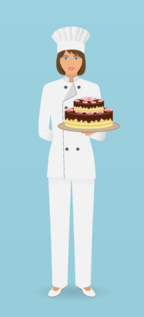 Woman confectioner character standing in uniform with a gorgeous cake. Pastry cook hold beautiful pie on a hand. Vector illustration.のイラスト素材