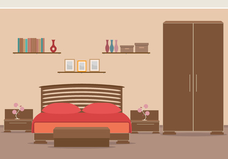 Bedroom design interior with furniture, bed, wardrobe, bookshelf. Vector illustration in flat style.のイラスト素材