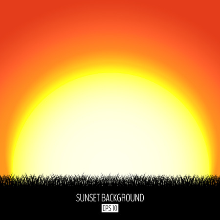 Sunset or sunrise abstract background with black grass silhouette. Burning sun sets over the horizon. Evening dawning background. Vector illustration.のイラスト素材