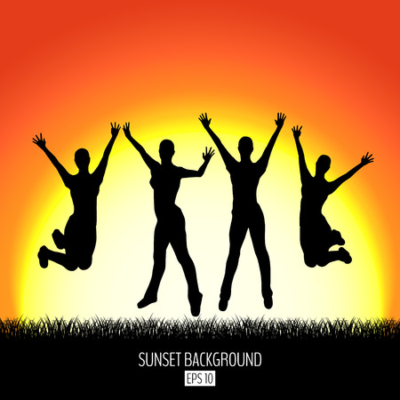 Sunset background with four happy jumping women black silhouette.のイラスト素材