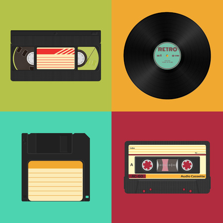 Set of vintage, music, video and data storage on a colorful design backdrop.のイラスト素材