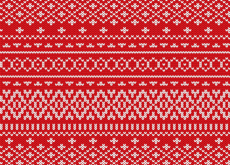 Knit geometric ornament design. Christmas seamless pattern. Knitted winter red color sweater texture. Vector illustration.のイラスト素材