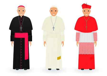 Pope, cardinal and bishop characters in characteristic clothes standing together. Supreme catholic priests in cassocks. Religion people concept. Vector illustration.のイラスト素材