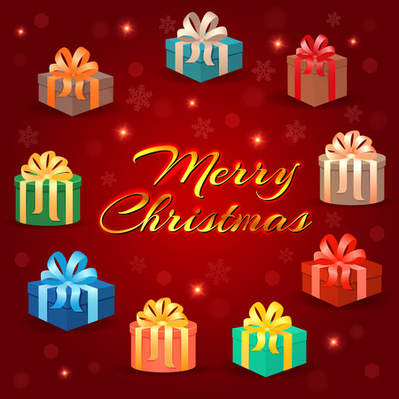 Set of holiday gifts boxes in holiday packages with bowknots on a merry christmas lettering background. Xmas presents realistic design. Vector illustration.のイラスト素材