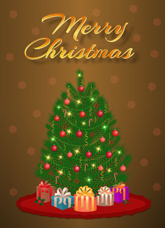 Merry christmas design of greeting card with christmas tree, gifts and lettering. Vector illustration.のイラスト素材