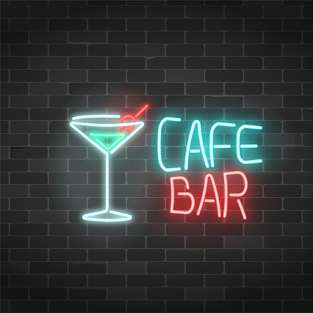 Neon cafe and bar sign on a brick wall background. Glowing gas advertising with glass of cocktail and lettering. Drinking canteen banner. Vector illustration.のイラスト素材