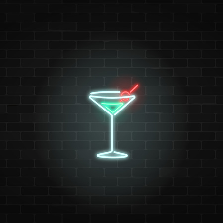 Neon cafe and bar sign on a brick wall background. Glowing gas advertising with glass of cocktail. Drinking canteen banner.のイラスト素材