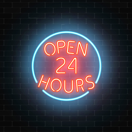 Neon open 24 hours sign on a brick wall background. Round the clock working bar or night club signboard with lettering.のイラスト素材