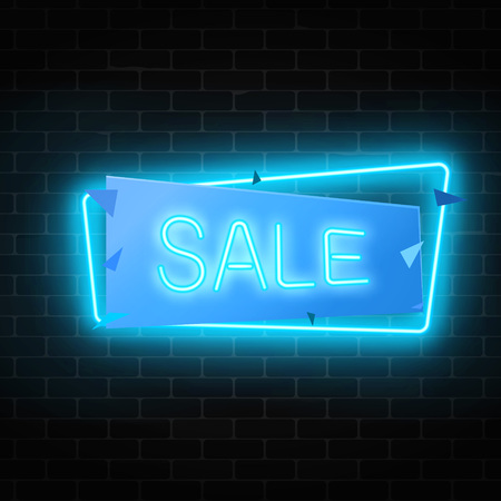 Neon Christmas or other holiday sale sign in geometric frame in blue color on a brick wall background. Inviting banner with discount.のイラスト素材