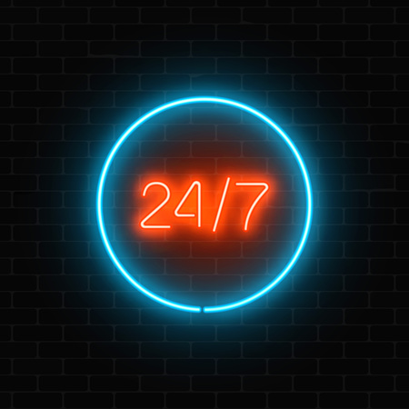 Neon open 24 hours in circle frame sign on a brick wall background. Round the clock working bar or...