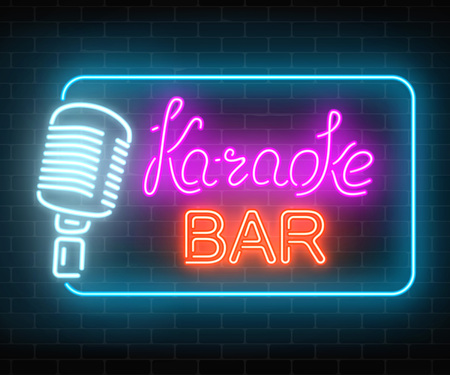 Neon signboard of karaoke music bar. Glowing street sign of a nightclub with live music. Sound cafe icon. Rock show poster. Vector illustration.のイラスト素材