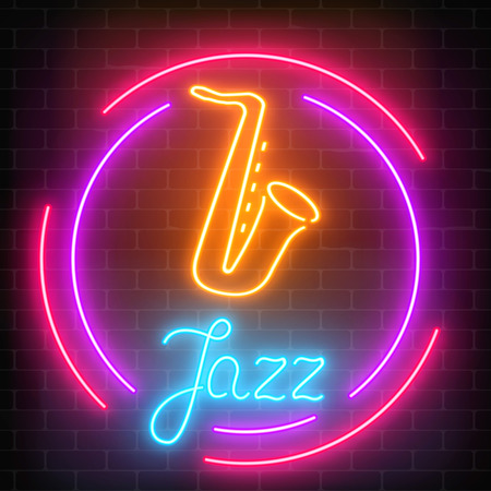 Neon jazz cafe with saxophone glowing sign with round frame on a dark brick wall background. Glowing street signboard of bar with karaoke and blues singers. Vector illustration.のイラスト素材