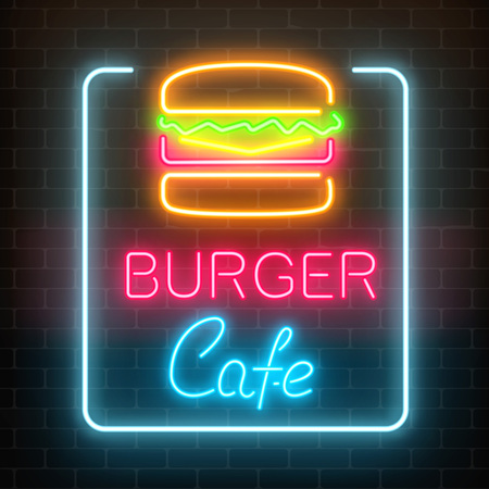 Neon burger cafe glowing signboard on a dark brick wall background. Fastfood light billboard sign. Vector illustration.のイラスト素材