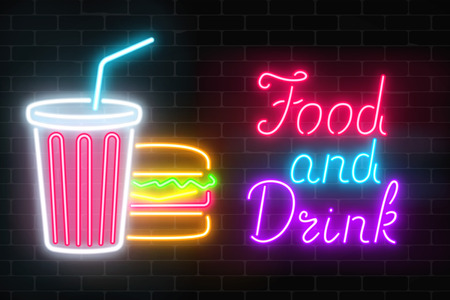 Neon food and drink glowing signboard on a dark brick wall background. Plastic cup of beverage and burger signs and text. Vector illustration.のイラスト素材