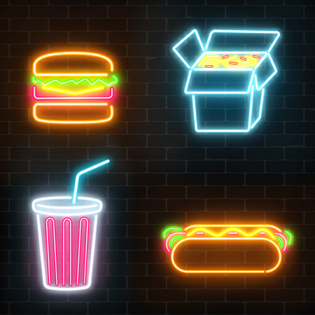Set of fast food neon signs ona dark brick wall background. Glowing icon of burger, chinese noodles, hot dog and soda drink. Vector illustration.のイラスト素材