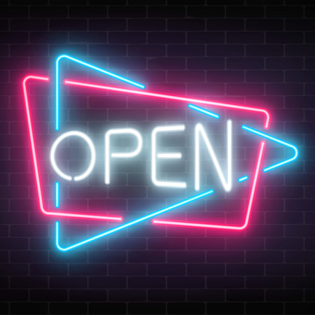 Neon open signboard in triangle and rectangle frames on a dark brick wall background. Round the clock working shop or nightclub sign. Vector illustration.のイラスト素材