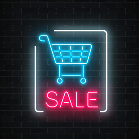 Neon glowing sale sign with shopping cart on a dark brick wall background. Big season discount neon banner. Vector illustration.のイラスト素材