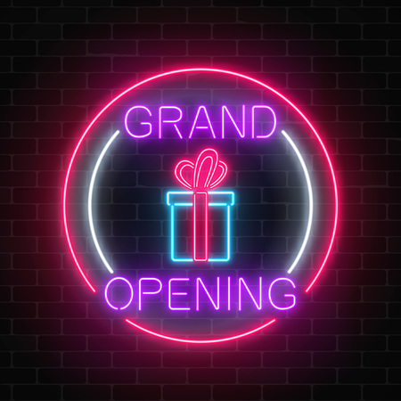 Neon new store grand opening with lottery and gift sign in circle shapes on a brick wall background.のイラスト素材