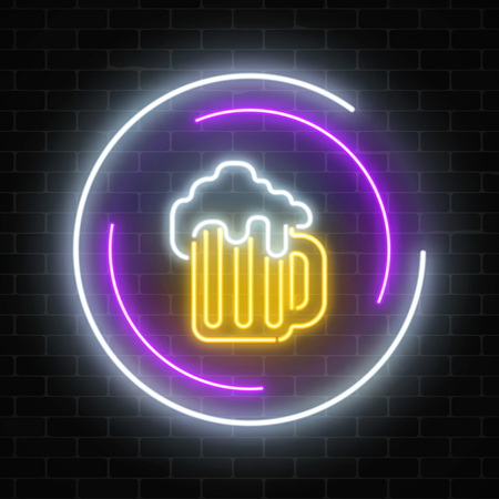 Neon sign of mug of beer in circle frames on a dark brick wall background. Luminous advertising signboard. Pub or bar emblem design. Vector illustration.のイラスト素材