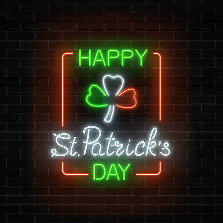 Neon glowing clover leaf sign in Ireland flag colors on a dark brick wall background. Green shamrock as Irish national holiday symbol in circle frames. Vector illustration.のイラスト素材
