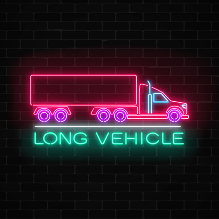 Neon glowing long vehicle sign on a brick wall background. Glow signboard of a freight truck. Vector illustration.のイラスト素材