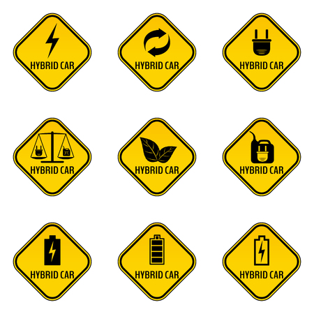 Set of hybrid car caution stickers. Save energy automobile warning signs. Eco transport symbols in yellow and black rhombus to a vehicle glass. Vector illustration.のイラスト素材