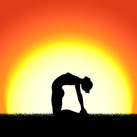 Yoga ustrasana pose black silhouette on sunset background. Woman character meditating in nature during sunrise, dawn. Vector illustration.のイラスト素材
