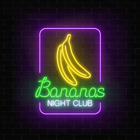 Glowing neon nightclub signboard with bananas in rectangle frame on dark brick wall background.のイラスト素材