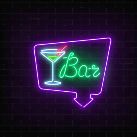 Neon cocktails bar or cafe sign in frame with arrow on dark brick wall background.のイラスト素材