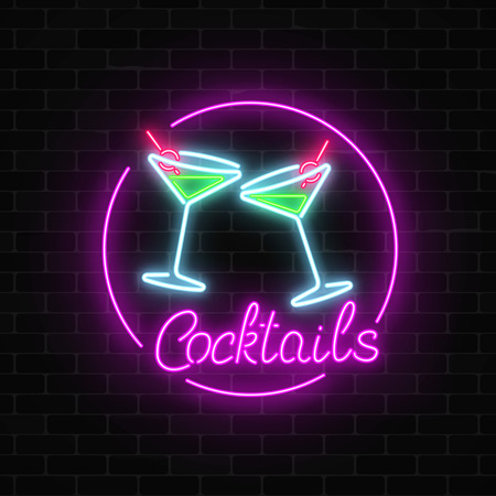 Neon cocktails bar sign on dark brick wall background. Glowing gas advertising with glasses of alcohol shake. Drinking canteen banner. Night club invitation. Vector illustration.のイラスト素材