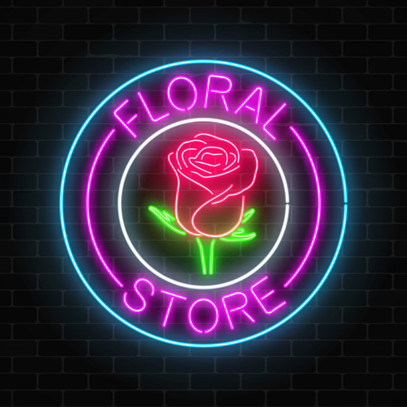 Glowing neon sign of floral store in round frames on dark brick wall background. Design of flower shop signboard. Street lights advertisement. Vector illustration.のイラスト素材