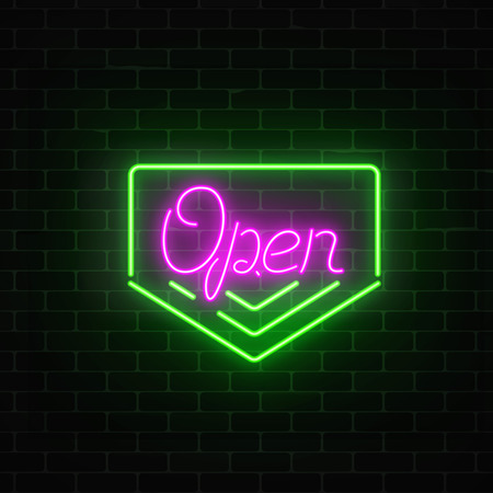 Neon open 24 hours sign board in geometric frame with arrows on a brick wall background.のイラスト素材