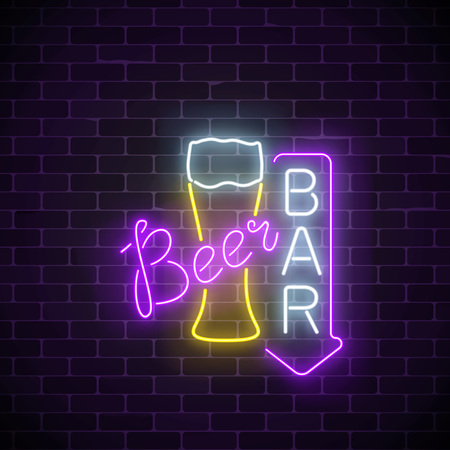Glowing neon beer pub signboard with arrow on dark brick wall background. Luminous advertising sign of night club with bar. Glass of beer. Vector illustration.のイラスト素材