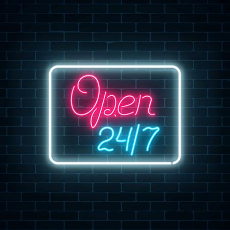 Neon open 24 hours 7 days sign in geometric shape on a brick wall background. Round the clock working bar or store signboard with lettering. Vector illustration.のイラスト素材